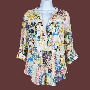 Anthropologie Womens Maeve Abella Roll Tab Sleeve Floral Print Top Size 4